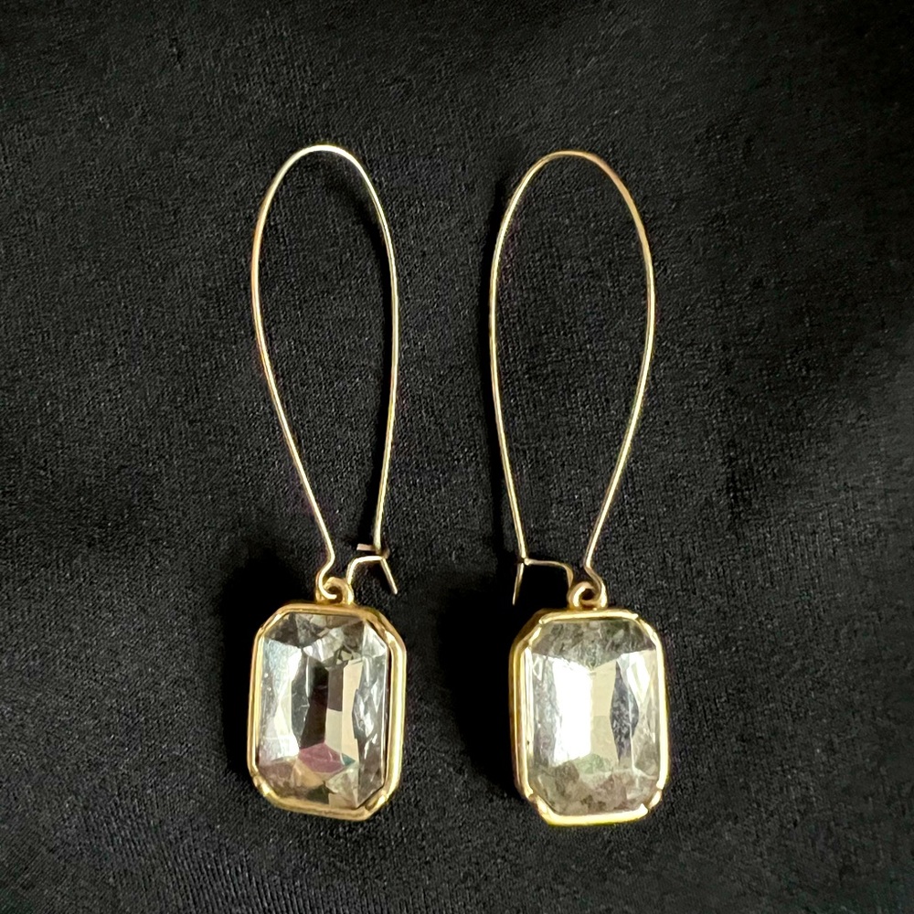 Fashion jewelry hanging earrings, imitation stone, large wire hoops, 2.5” long
